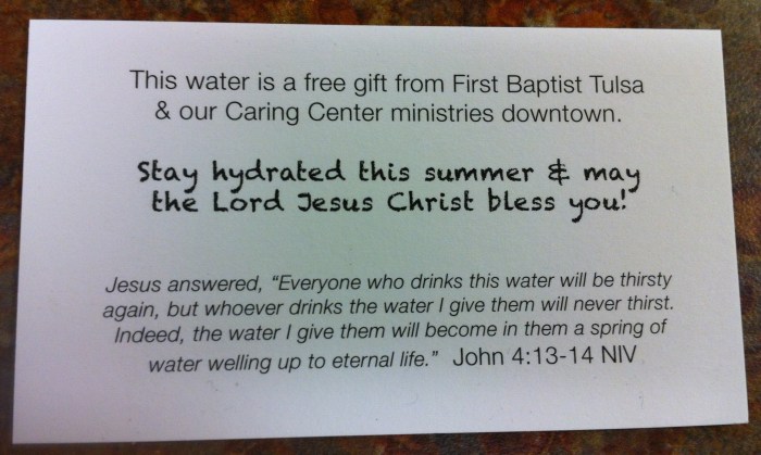 The front side of card we hand out with the water that tells the recipient what the LWP all about. 